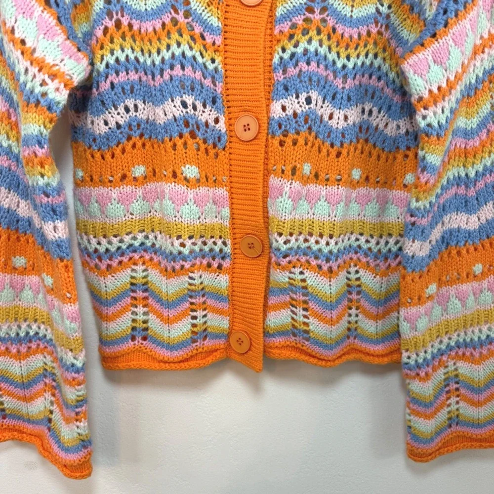 Rainbow Crochet Knit‎ Cardigan Orange Blue Chevron Boho Festival Summer Sz S / M